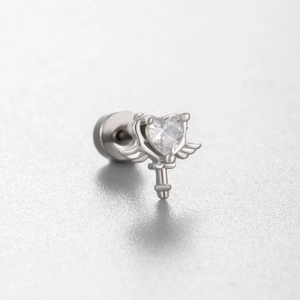 Silver winged scepter heart stud earring with clear cubic zirconia in center