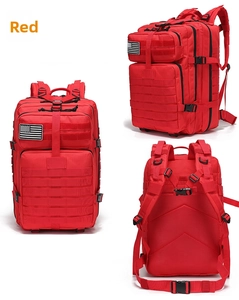 Detailed multi-angle view of red tactical backpack with Molle system and breathable padding