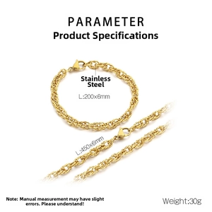 Detail view of golden stainless steel twist rope chain necklace and bracelet with size specs