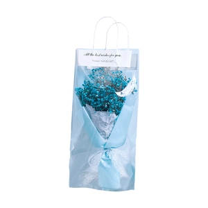 Blue gypsophila dried flower bouquet in stylish tote bag with best wishes card