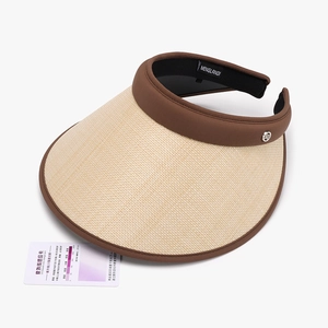 Women's straw open top sun hat with UV protection test card and metal logo detail
