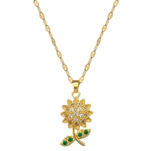 Titanium steel sunflower necklace with sparkling crystals and green leaves on white background