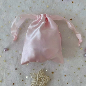 Pink satin drawstring pouch with wide ribbons for jewelry gift packaging