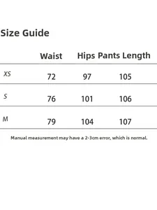 Size guide for low waist straight trousers showing waist, hip, and length measurements