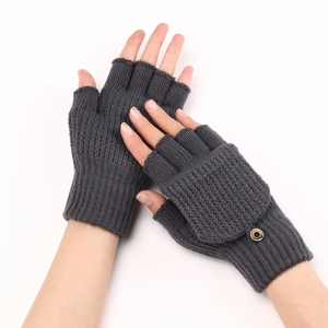 Detail of dark grey knitted convertible mittens with flip top and functional fashion button