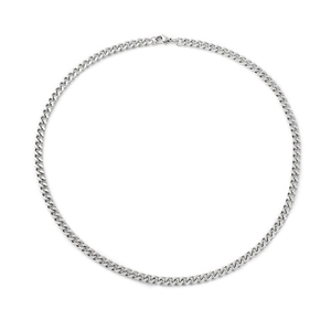 Men's punk style silver stainless steel Cuban chain necklace on white background
