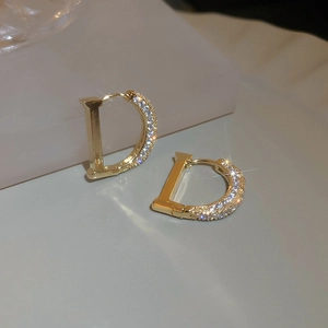 Dettaglio orecchini a forma di D dorati con pavé di cristalli e finitura lucida a specchio