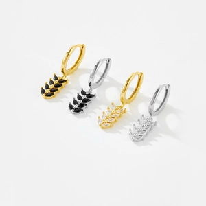 S925 sterling silver leaf drop earrings with black and white zircon in gold and silver