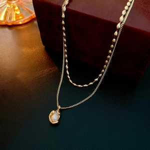 French vintage double layer gold necklace with pleated pendant and pearl accent