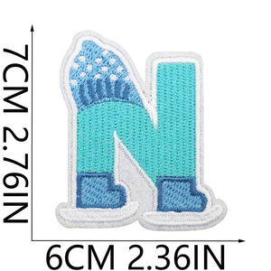 Detailed knit embroidery patch showing letter N with clear height and width measurements
