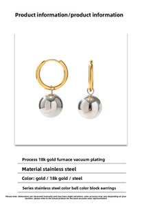 Macro detail of 18K gold plated stainless steel ball drop earrings with spec table