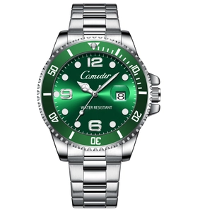 Men's green dive watch with stainless steel strap and luminous dial on white background