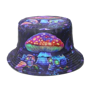 Detail of mushroom and skull print on dark psychedelic style bucket hat fabric