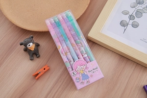 Close-up of 6-piece 0.5mm mechanical pencil set with cute illustrations on a wooden desk