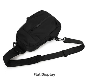 Detailed view of black oxford fabric sling bag with adjustable strap and padded mesh back