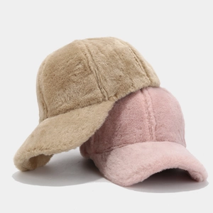 Plush winter baseball caps for men and women, thickened warm faux fur hats in beige and pink