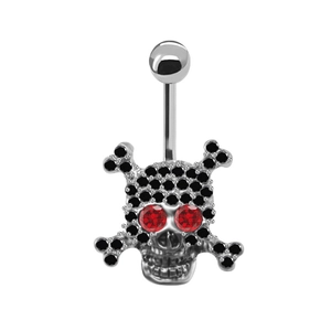 Silver skull belly button ring with red gem eyes and black crystals on white background