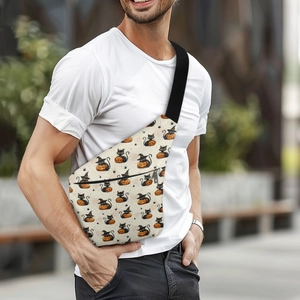 Halloween pumpkin cross body bag for men with black cat print on beige canvas