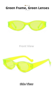 Detail view of fluorescent green retro cat-eye sunglasses from front and side angles