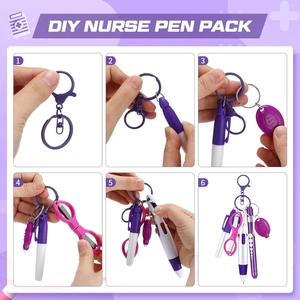 Step-by-step DIY assembly guide for purple nurse pen kit with scissors and flashlight