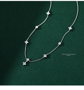Macro detail of S925 sterling silver necklace with clover pendant and zircon stones
