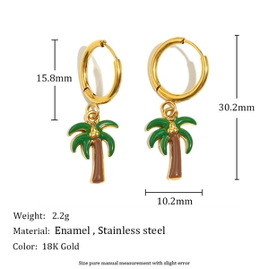 18K gold plated stainless steel hoop earrings featuring tropical enamel coconut tree charms