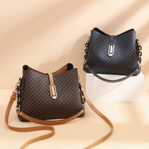 Retro printed bucket bag with diamond lattice pattern in brown and black leather