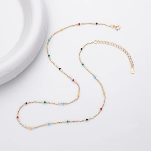 Detail of S925 sterling silver chain with colorful beads and adjustable lobster clasp