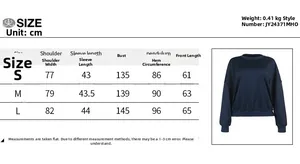 Detailed sizing chart and product specifications for women's casual loose fit sweatshirt