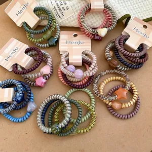 Spiral Telephone Wire Hair Ties With Acrylic Heart Star Pendants Elastic Hair Bands Sweet Hair Accessories For Women Girls