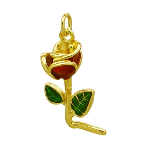 Vintage gold rose pendant necklace with red and green enamel details on white background