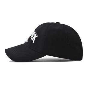 Black cotton baseball cap with white New York embroidery and classic six-panel design