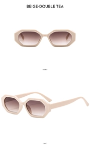 Front and side view of beige polygon sunglasses with double tea gradient lenses
