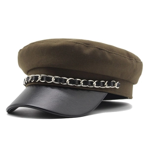 Retro flat top sailor cap with woolen texture, silver chain detail and black leather brim