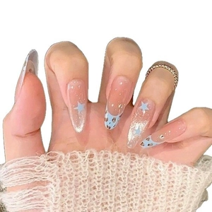 Uñas postizas almendra francesas con estampado de leopardo azul y estrellas brillantes