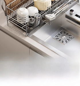 Detailed view of kitchen rack cup holder and utensil storage compartments in stainless steel