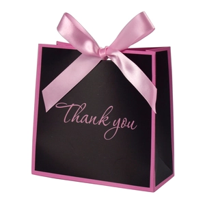 Elegant black gift bag with pink ribbon bow and pink Thank You script text