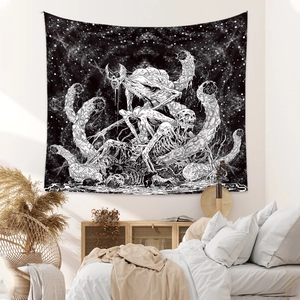 Bohemian black gothic skull tapestry with celestial starry patterns for bedroom decor