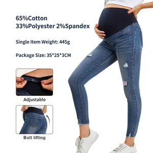 Women Maternity Ripped Denim Jeans High Waisted Belly Support Slim Fit Distressed Hip Lifting Washed Blue Pencil Pants