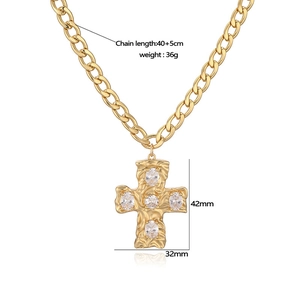 Gold plated cross and moon pendant necklace with pearls and rhinestones on NK chain