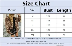 Size chart for leopard print hooded cardigan with bust and length measurements in centimeters
