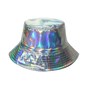 Metallic laser holographic bucket hat with futuristic gradient reflection for street style