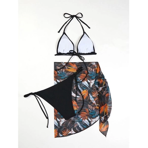 Three-piece black bikini set with colorful tropical leaf print mesh sarong cover-up