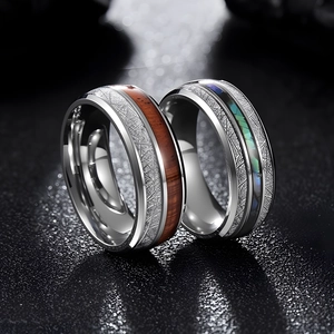 Men's 8mm silver steel ring with koa wood and rainbow abalone shell inlays