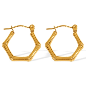 Golden hexagonal bamboo texture hoop earrings in polished stainless steel for women