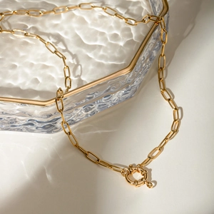 Minimalist gold stainless steel link necklace on a glass tray with elegant light and shadow