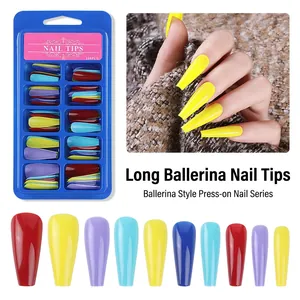 100pcs long coffin ballerina press-on nails set in colorful solid shades and box