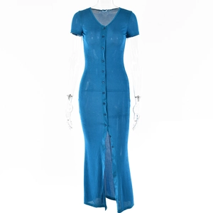 Detail of blue sheer button-down maxi dress with V-neck and short sleeves on mannequin