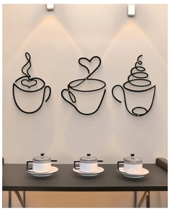 Three-piece set of minimalist matte black metal coffee cup wall art for home or cafe decor