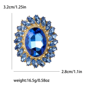 Luxury oval blue crystal brooch with sunflower rhinestone border and size measurements